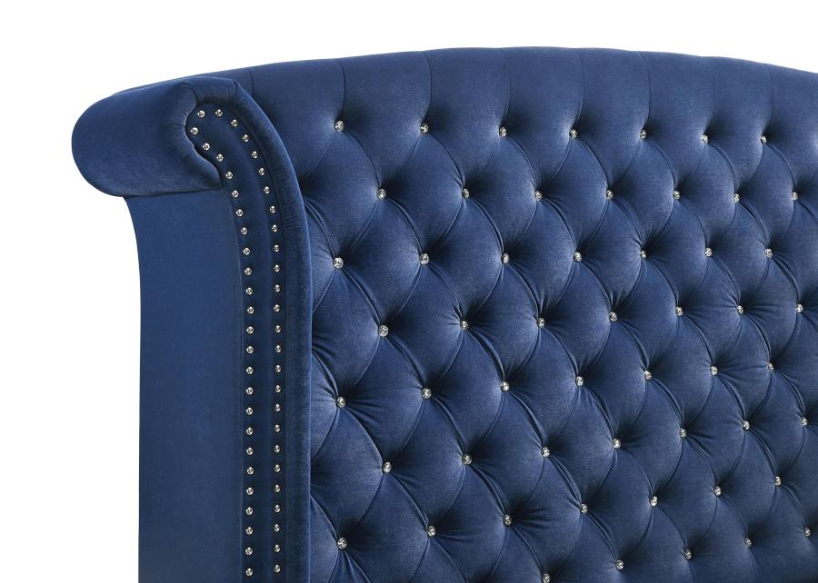 Cama Queen Melody tapizada con respaldo de alas, color azul Pacífico