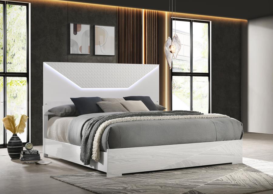 Cabecero de cama Ives Queen con paneles LED, blanco de alto brillo