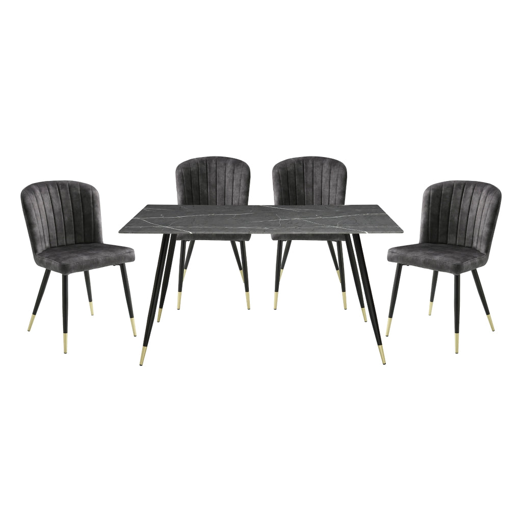 Juego de mesa de comedor Tessy de 5 piezas de imitación mármol negro y dorado