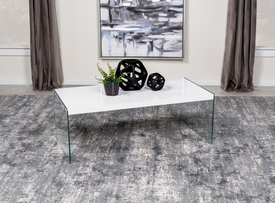 Mesa de centro rectangular con marco de vidrio opalino blanco de alto brillo