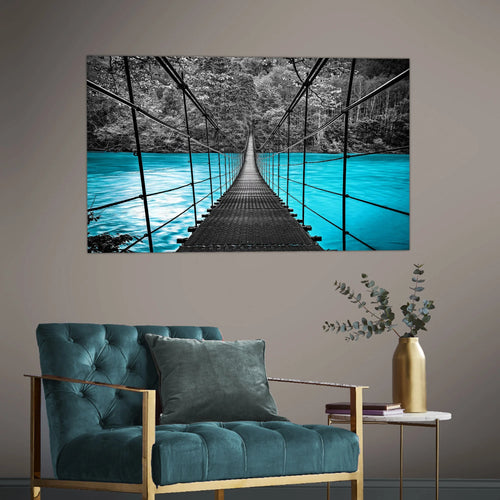 Blue Water Bridge Glass Wall Art 60"x36"